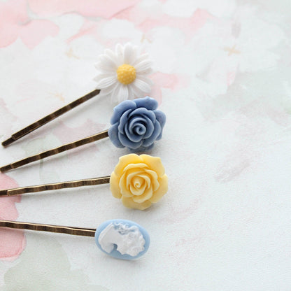 White Daisy, Blue Cameo and Roses Bobby Pins