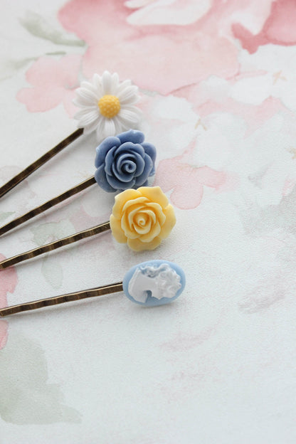 White Daisy, Blue Cameo and Roses Bobby Pins