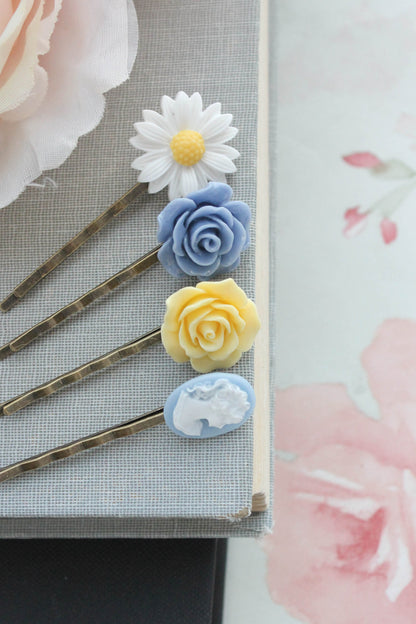 White Daisy, Blue Cameo and Roses Bobby Pins