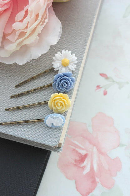 White Daisy, Blue Cameo and Roses Bobby Pins
