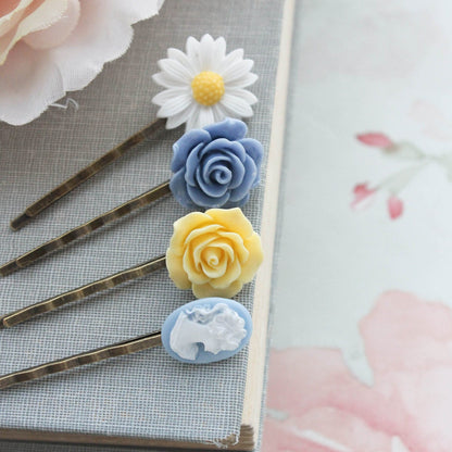 White Daisy, Blue Cameo and Roses Bobby Pins