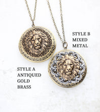 Load image into Gallery viewer, Lion Locket Necklace, Animal Photo Locket Pendant, Large Round Picture Locket Antiqued Silver Filigree, Leo Symbol of Bravery and Strength