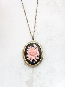 Pink Rose Locket Necklace | Black and Pink