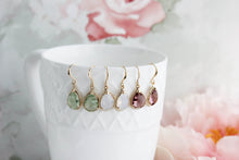Load image into Gallery viewer, Light Green Glass Earrings, Opal Glass Jewel, Modern Pear Drop Earrings, Dusty Plum Rose, Sparkle Gold Teardrop, Gift for Women, Bridesmaids