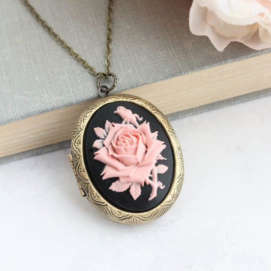 Pink Rose Locket Necklace | Black and Pink