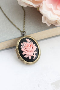 Pink Rose Locket Necklace | Black and Pink