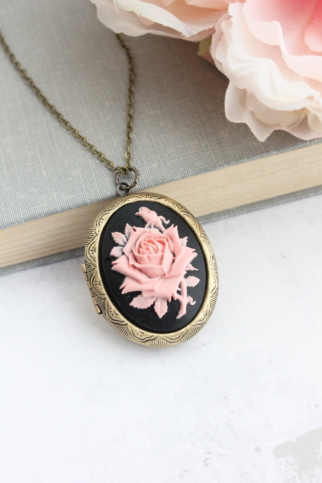 Pink Rose Locket Necklace | Black and Pink