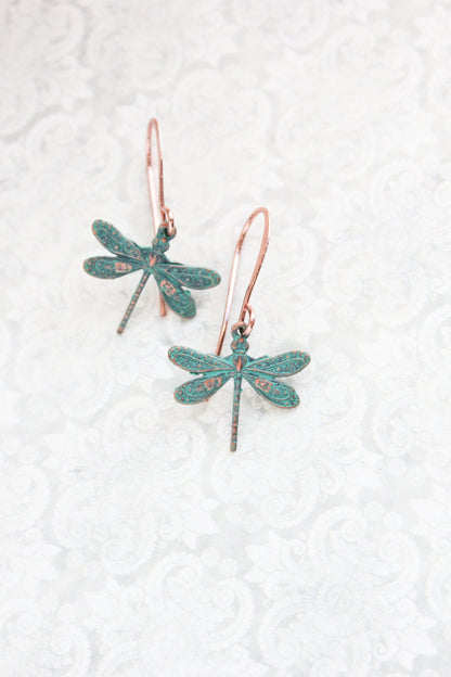 Tiny Dragonfly Earrings| Mint Patina Copper