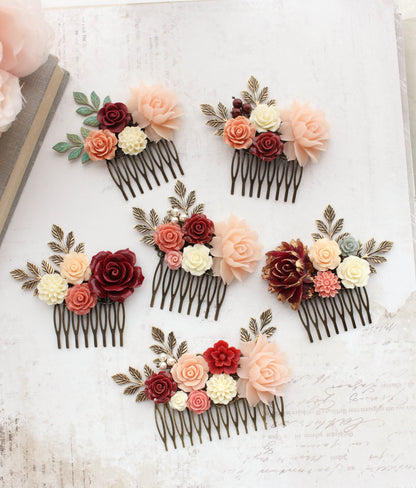 Deep Red and Peach Blush Bridal Hair Comb
