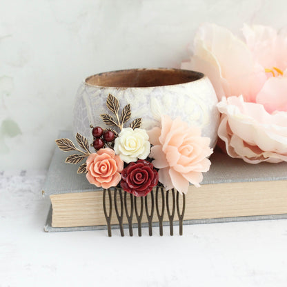 Deep Red and Peach Blush Bridal Hair Comb