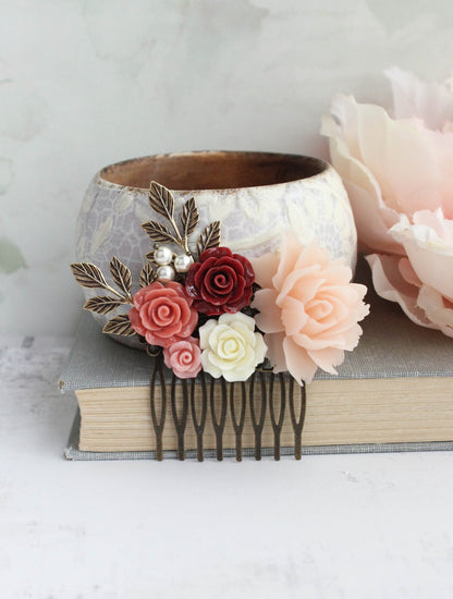 Floral Hair Piece Deep | Red and Light Blush