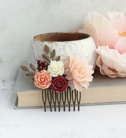 Deep Red and Peach Blush Bridal Hair Comb