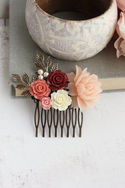 Floral Hair Piece Deep | Red and Light Blush