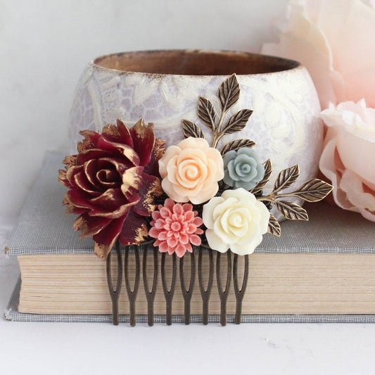 Deep Red Floral Hair Comb | Branches and Roses
