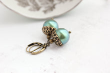 Load image into Gallery viewer, Dark Green Pearl Acorn Earrings Fall Colors Pearl Drop Autumn Oak Jewelry Green Earrings Leverback Woodland Nature Inspired Wedding