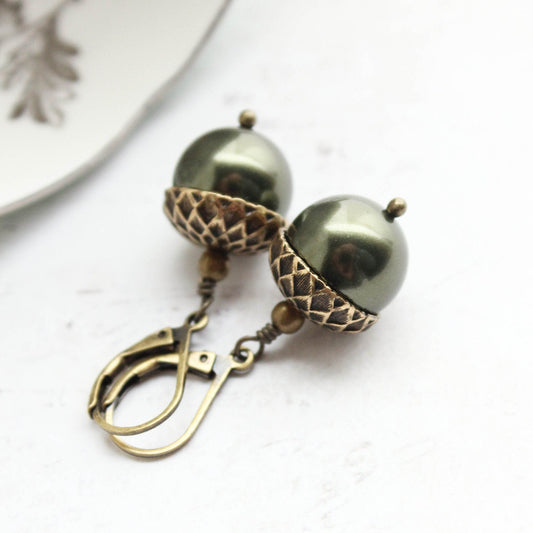 Dark Green Pearl Acorn Earrings