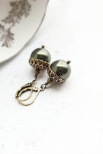 Load image into Gallery viewer, Dark Green Pearl Acorn Earrings Fall Colors Pearl Drop Autumn Oak Jewelry Green Earrings Leverback Woodland Nature Inspired Wedding