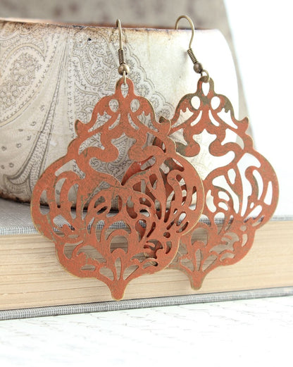 Big Boho Filigree Dangle Earrings | Pumpkin Spice Orange Patina
