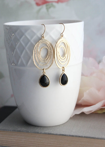 Gold Oval Swirl Earrings | Black Dangle Earrings