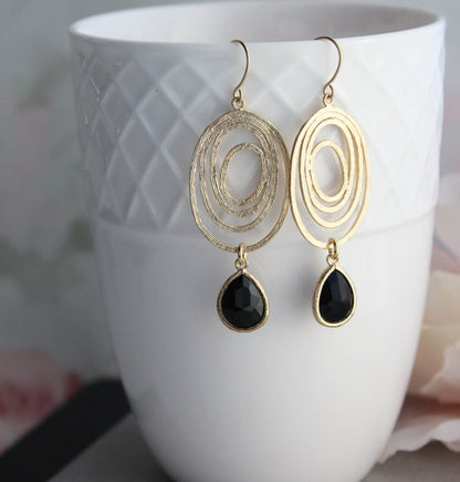 Gold Oval Swirl Earrings | Black Dangle Earrings