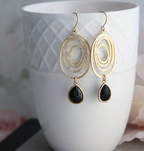 Load image into Gallery viewer, Gold Oval Swirl Earrings | Black Dangle Earrings
