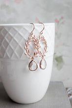 Load image into Gallery viewer, Rose Gold Dangle Earrings, Clear Glass Jewel, Laurel Wreath, Olive Leaves, Leafy Vine Hoops, Bridesmaids Gift, Grecian Branch Dangles