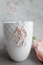 Load image into Gallery viewer, Rose Gold Dangle Earrings, Clear Glass Jewel, Laurel Wreath, Olive Leaves, Leafy Vine Hoops, Bridesmaids Gift, Grecian Branch Dangles