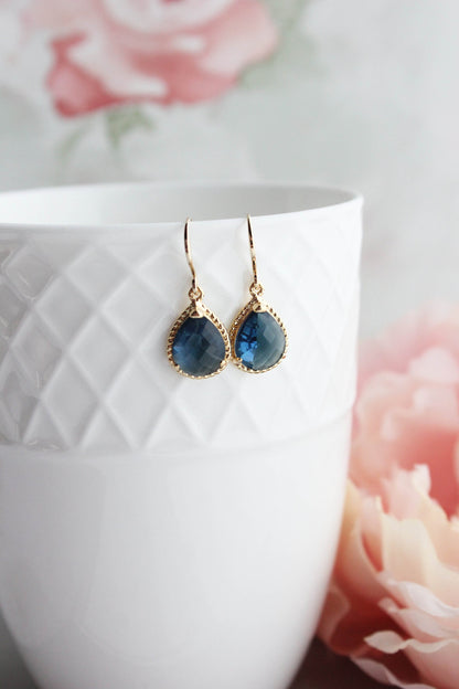 Dark Navy Blue Earrings | Glass Teardrop