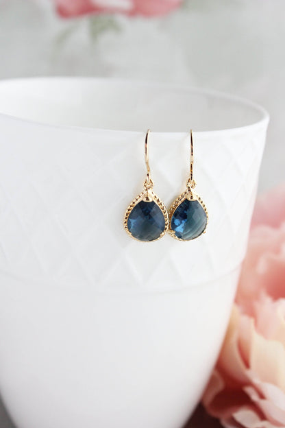 Dark Navy Blue Earrings | Glass Teardrop