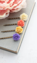 Load image into Gallery viewer, Rose Bobby Pins | Coral Peach, Bright Violet Purple, Bright Yellow