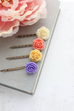 Load image into Gallery viewer, Rose Bobby Pins | Coral Peach, Bright Violet Purple, Bright Yellow