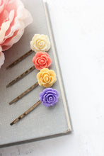 Load image into Gallery viewer, Rose Bobby Pins | Coral Peach, Bright Violet Purple, Bright Yellow