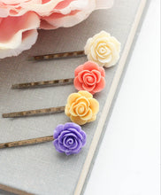 Load image into Gallery viewer, Rose Bobby Pins | Coral Peach, Bright Violet Purple, Bright Yellow
