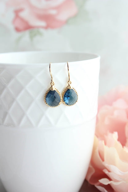 Dark Navy Blue Earrings | Glass Teardrop