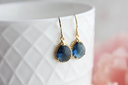 Dark Navy Blue Earrings | Glass Teardrop