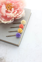 Load image into Gallery viewer, Rose Bobby Pins | Coral Peach, Bright Violet Purple, Bright Yellow
