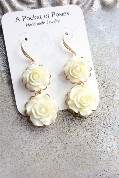 Cream Rose Earrings |Rhinestones and Gold