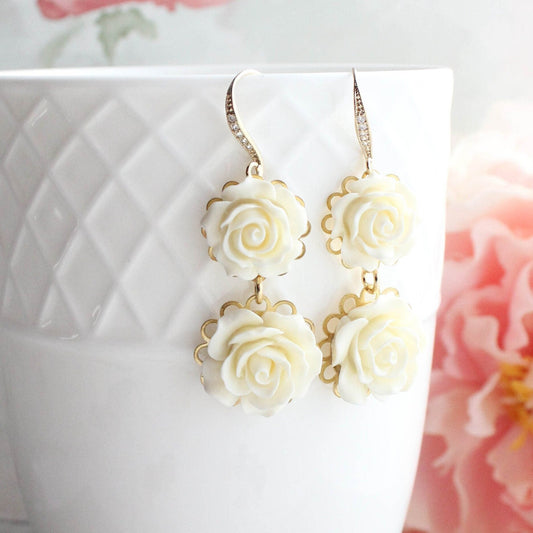Cream Rose Earrings |Rhinestones and Gold