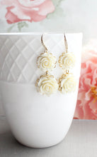 Load image into Gallery viewer, Cream Rose Earrings |Rhinestones and Gold