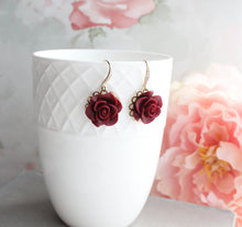 Load image into Gallery viewer, Deep Red Rose Earrings | Gold and Rhinestone Ear Wires