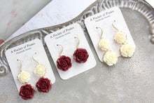 Load image into Gallery viewer, Deep Red Rose Earrings | Gold and Rhinestone Ear Wires
