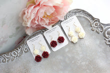 Load image into Gallery viewer, Deep Red Rose Earrings | Gold and Rhinestone Ear Wires