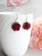 Load image into Gallery viewer, Deep Red Rose Earrings | Gold and Rhinestone Ear Wires