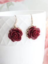 Load image into Gallery viewer, Deep Red Rose Earrings | Gold and Rhinestone Ear Wires