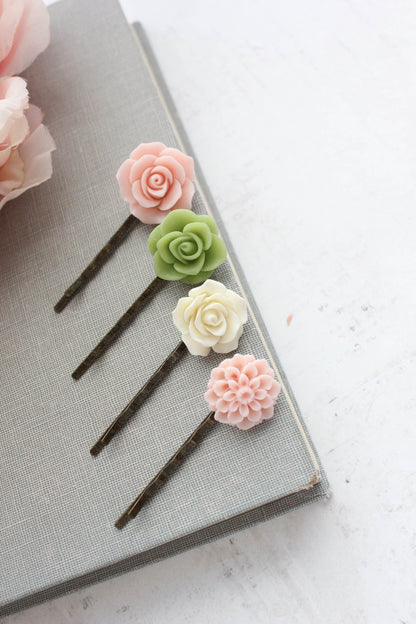 Flower Bobby Pins in Pink and Green (set of 4 pins)