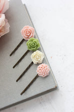 Load image into Gallery viewer, Flower Bobby Pins in Pink and Green (set of 4 pins)