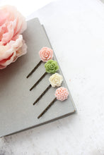 Load image into Gallery viewer, Flower Bobby Pins in Pink and Green (set of 4 pins)