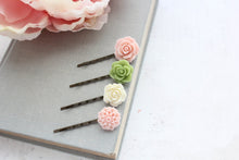 Load image into Gallery viewer, Flower Bobby Pins in Pink and Green (set of 4 pins)