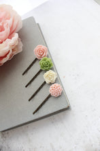Load image into Gallery viewer, Flower Bobby Pins in Pink and Green (set of 4 pins)