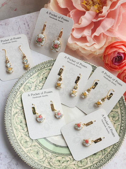 Yellow Rose Cameo Earrings | White Opal Glass